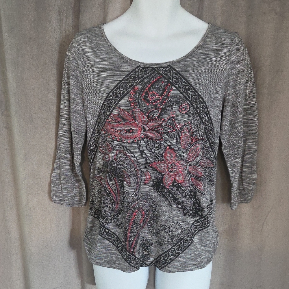 Style & Co. XL Floral Long Sleeve Top in Gray and Pink